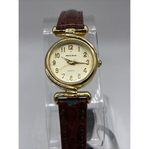 Milan Women's Quartz Watch Gold 23mm Case Brown Leather Band- New Battery